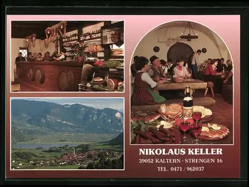 AK Kaltern, Gasthof Nikolaus Keller, Strengen 16, Gastraum mit Tresen, Ortsansicht