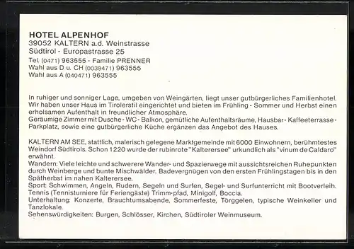 AK Kaltern a. d. Weinstrasse, Hotel Alpenhof, Europastrasse 25, Aussen- und Innenschau