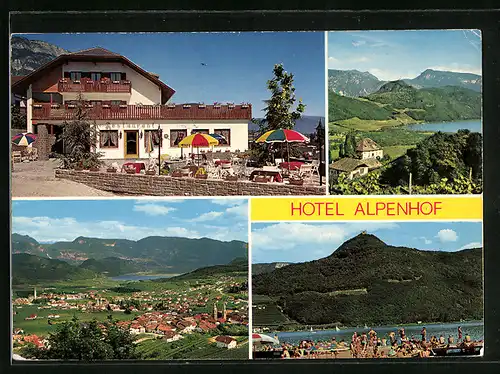 AK Kaltern a. d. Weinstrasse, Hotel Alpenhof mit Terrasse, Ortspartie vor Bergpanorama