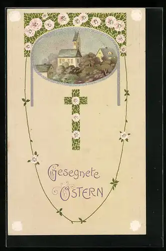 Präge-AK Gesegnete Ostern, Kirche mit Blumen-Dekor
