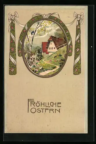 Präge-AK Fröhliche Ostern, Idyllische Dorflandschaft