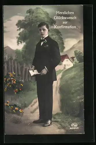 AK Glückwünsche zur Konfirmation, Junge im Anzug mit Gebetsbuch