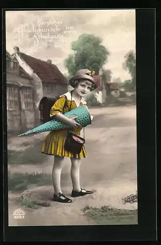 AK Mädchen mit Schultüte zum Schulanfang