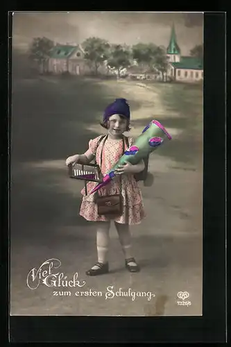 AK Mädchen mit Schultüte zum ersten Schulgang