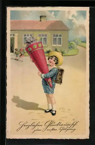 Künstler-AK Kleines Kind mit Schultüte zum Schulanfang