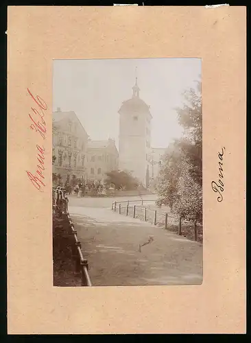 Fotografie Brück & Sohn Meissen, Ansicht Borna, Blick auf den Dinterplatz mit Reichstor, Hotel zur Börsenhalle