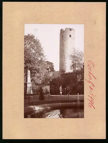 Fotografie Brück & Sohn Meissen, Ansicht Oschatz, Blick auf die Promenade mit Kriegerdenkmal und Stadtturm