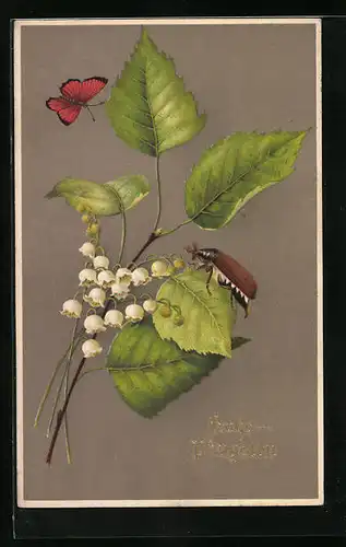 Künstler-AK Schmetterling und Maikäfer mit Maiglöckchenstrauss - Pfingstgruss