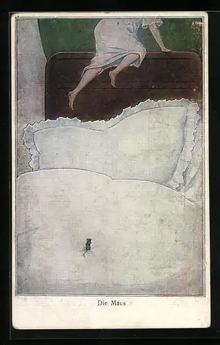 Künstler-AK Frau flieht vor Maus auf der Bettdecke