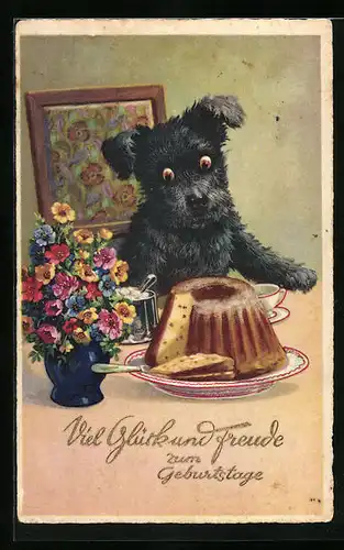 Künstler-AK Kleiner Hund mit Knopfaugen am Kuchentisch - Geburtstagsgruss