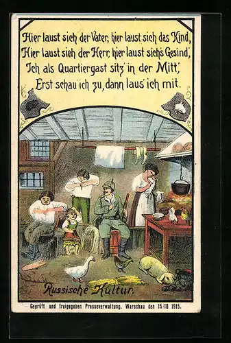 Künstler-AK Einquartierter Soldat in läusegeplagter russischer Familie