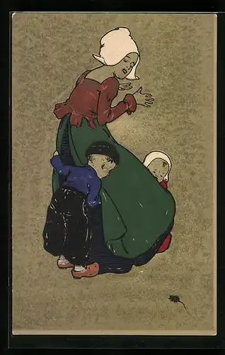 Künstler-AK Kinder suchen am Schürzenzipfel Schutz vor einer Maus