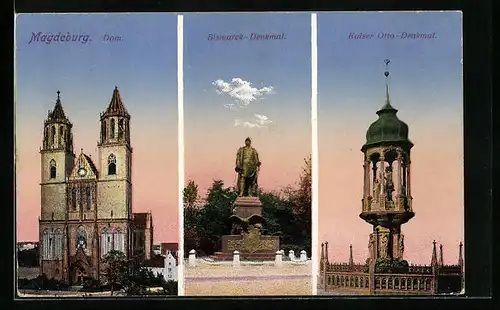 AK Magdeburg, Dom, Bismarck-Denkmal, Kaiser Otto-Denkmal