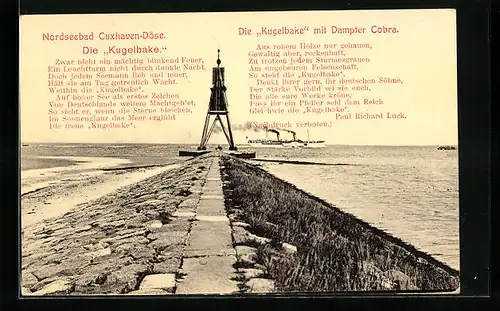 AK Cuxhaven-Döse, Die Kugelbake mit Dampfer Cobra