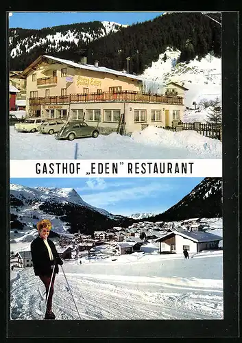 AK Reschen /Vinschgau, Gasthof Restaurant Eden im Winter, Ortsansicht mit Skifahrerin