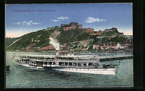 AK Ehrenbreitstein, Ortsansicht mit Rheinpartie und Schiff Frauenlob
