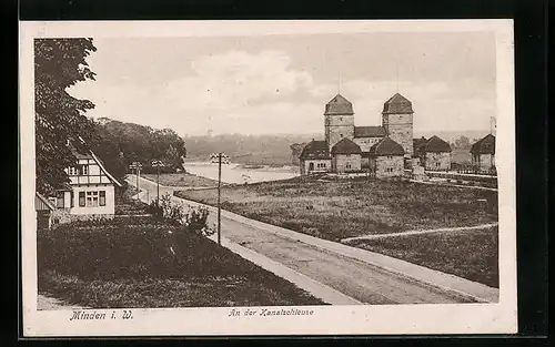 Künstler-AK Minden i. W., Kanalschleuse aus der Ferne