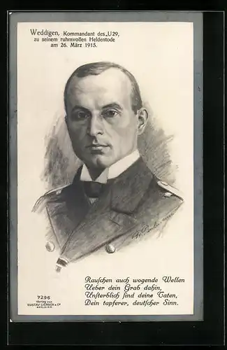 Künstler-AK Portrait von Otto v. Weddigen, Kapitän des U-Bootes U29