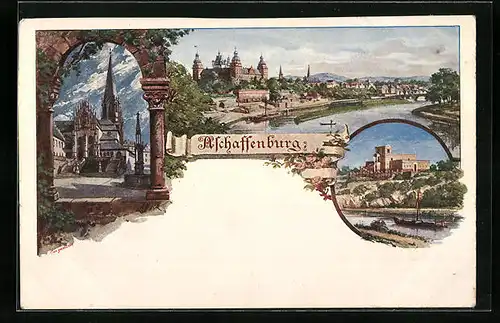 Künstler-AK Aschaffenburg, Uferpartie mit dem Schloss, Kirche