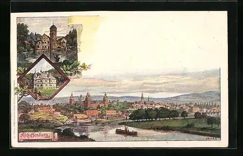 Künstler-AK Aschaffenburg, Ortsansicht aus der Vogelschau, Partie mit Turm