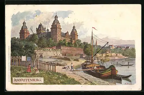 Künstler-AK Aschaffenburg, Uferpartie mit Schloss, Segelboot
