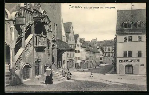 AK Pössneck, Rathaus-Treppe mit Krautgasse