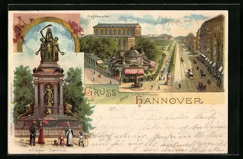 Lithographie Hannover, Krieger-Denkmal, Partie mit Hoftheater