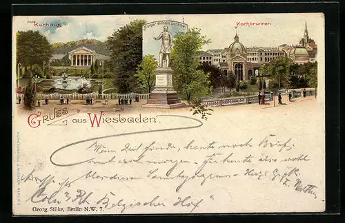Lithographie Wiesbaden, Kochbrunnen und Kurhaus