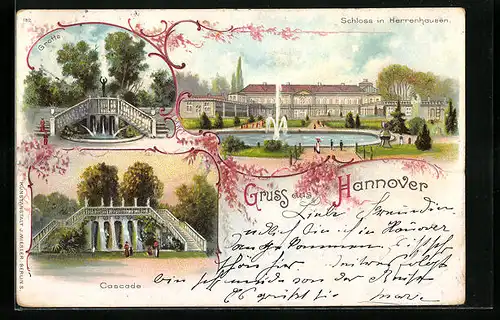 Lithographie Hannover, Schloss in Herrenhausen, Grotte, Cascade