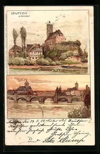 Künstler-AK Lauffen /Neckar, Flusspartien mit Boot und Brücke