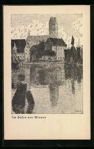 Künstler-AK Wismar, Im Hafen von Wismar