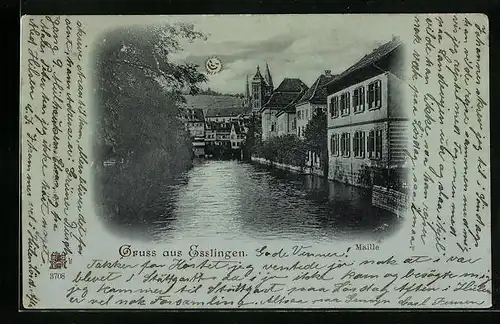 Mondschein-AK Esslingen, Uferpartie mit Häuseransichten, Maille