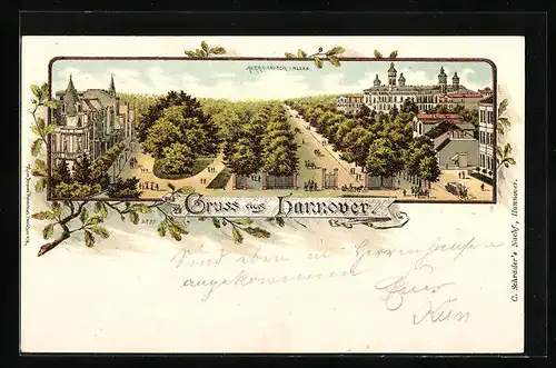Lithographie Hannover, Herrhäuser-Allee aus der Vogelschau
