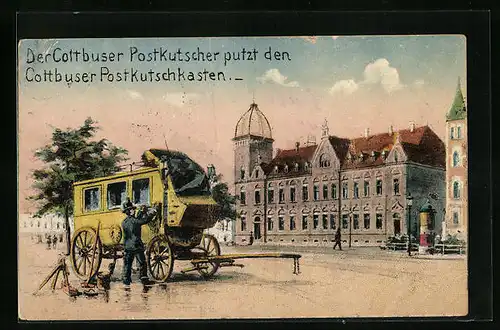 Künstler-AK Cottbus, Der Cottbuser Postkutscher putzt den Cottbuser Postkutschkasten