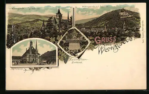 Lithographie Wernigerode, Totalansicht mit Rathaus und Kaiser Wilhelm-Denkmal