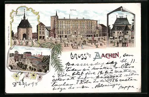 Lithographie Aachen, Ortsansicht mit Rathaus