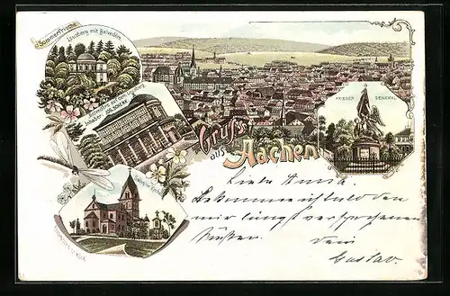 Lithographie Aachen, Totalansicht mit Krieger-Denkmal