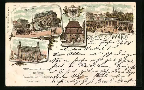 Lithographie Aachen, Kaiserplatz mit Elisenbrunnen