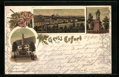 Lithographie Erfurt, Totalansicht mit Monumentalbrunnen