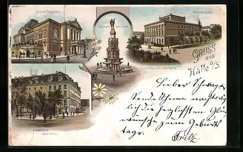 Lithographie Halle /Saale, Stadttheater, Universität, Kriegerdenkmal, Franke`s Stiftung