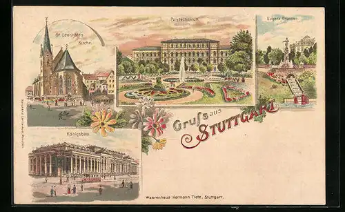 Lithographie Stuttgart, St. Leonhards Kirche, Polytechnikum, Eugens Brunnen, Königsbau