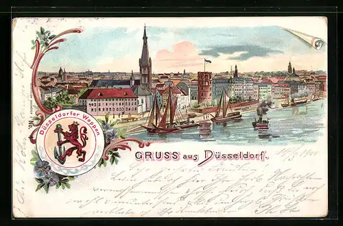 Lithographie Düsseldorf, Totalansicht mit Rheinpartie und Wappen