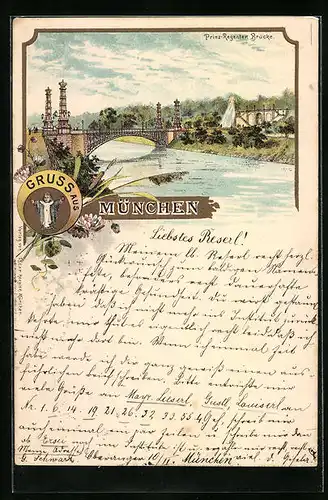 Vorläufer-Lithographie München, 1895, Blick auf die Prinzregentenbrücke, Münchner Kindl