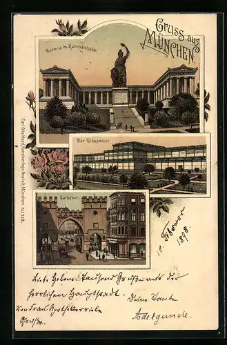Lithographie München, Bavaria und Ruhmeshalle, Der Glaspalast, Karlstor