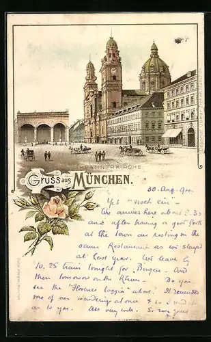 Vorläufer-Lithographie München, 1894, Strassenpartie vor der Theatinerkirche