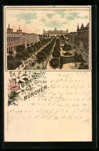 Vorläufer-Lithographie München, 1894, Maximilianstrasse mit Regierungsgebäude, Nationalmuseum und Maximilianeum