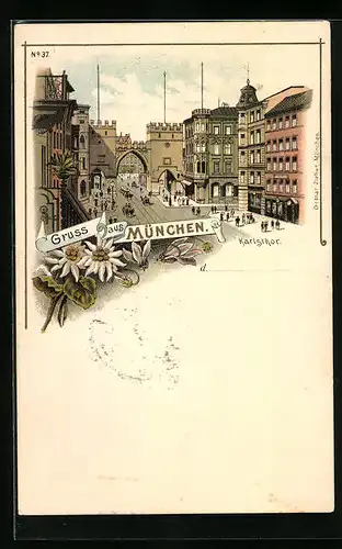 Lithographie München, Strassenpartie am Karlstor