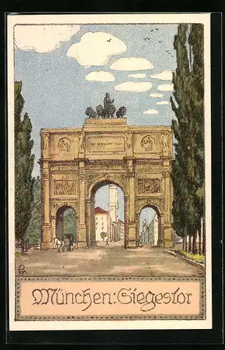 Steindruck-AK München, Siegestor mit Kutsche