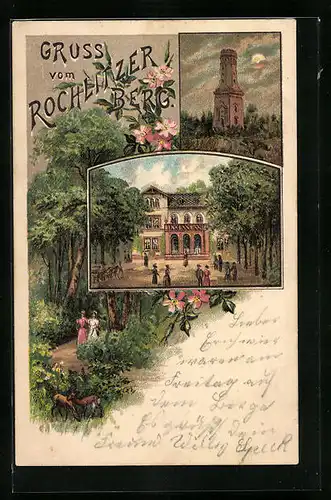 Lithographie Rochlitz, Rochlitzer Berg mit Aussichtsturm und Gasthof
