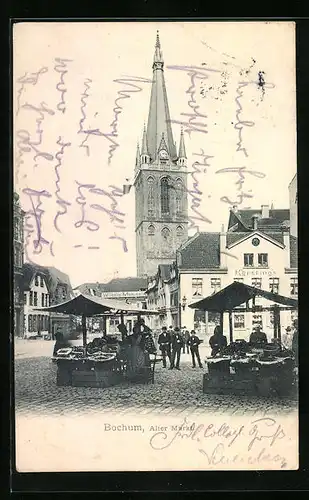 AK Bochum, Alter Markt mit Kirche und Marktständen